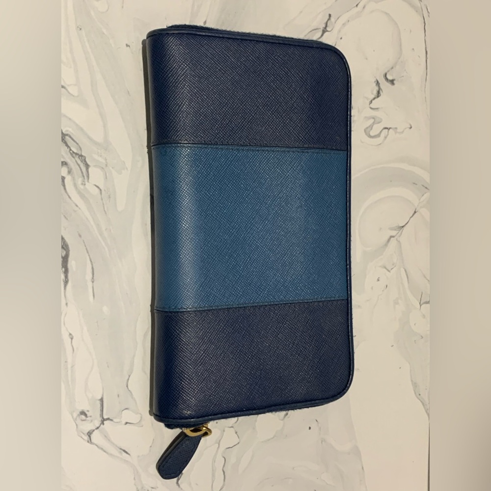 Prada zip around wallet blue double color